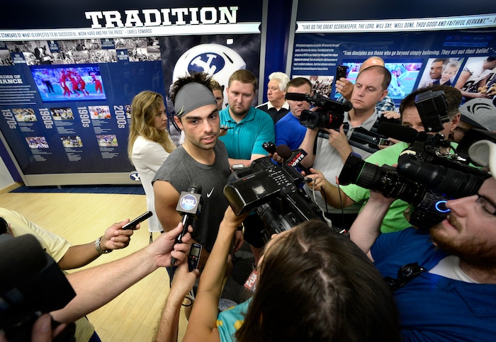 (Scott Sommerdorf   |  The Salt Lake Tribune)   Former Wisconsin QB Austin Kafentzis is now at BYU. Kafentzis is interviewed after practice, Wednesday, September 13, 2017.