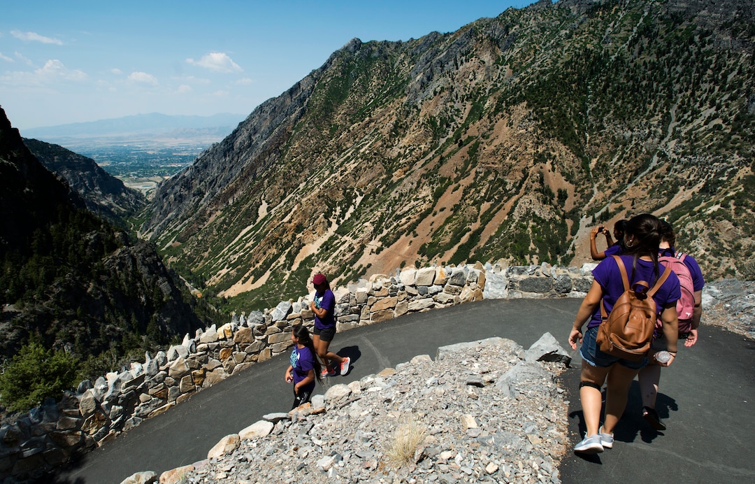 (Rick Egan  |  The Salt Lake Tribune)  Teens in the YouthWorks program hike down the trail, after their tour of Timpanogos Cave, Thursday, Aug. 3, 2017.