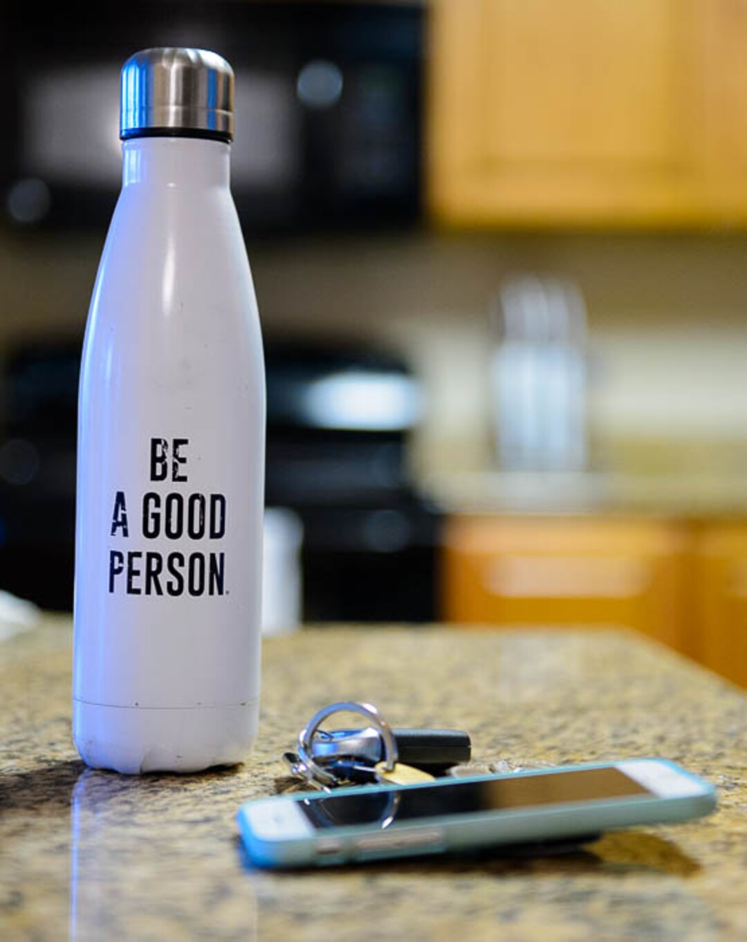 (Trent Nelson | The Salt Lake Tribune)Utah Royals midfielder Lo’eau LaBonta's water bottle reads, "Be a good person," at her Midvale apartment, Friday April 6, 2018.