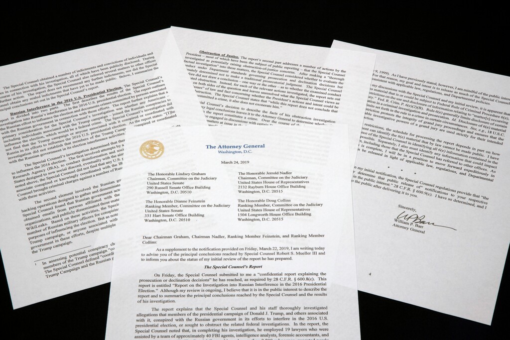 A copy of a letter from Attorney General William Barr advising Congress of the principal conclusions reached by Special Counsel Robert Mueller, is shown Sunday, March 24, 2019 in Washington. (AP Photo/Jon Elswick)