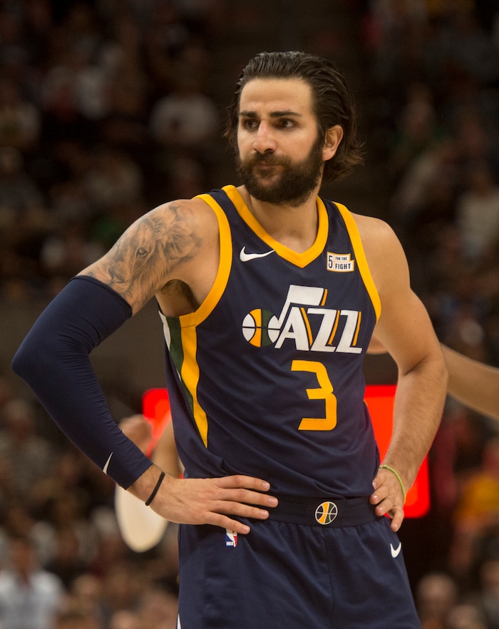 (Rick Egan  |  The Salt Lake Tribune)  Utah Jazz guard Ricky Rubio (3) reacts after being called for a foul, in NBA action, Utah Jazz vs. Los Angeles Lakers, in Salt Lake City, Saturday, October 28, 2017.