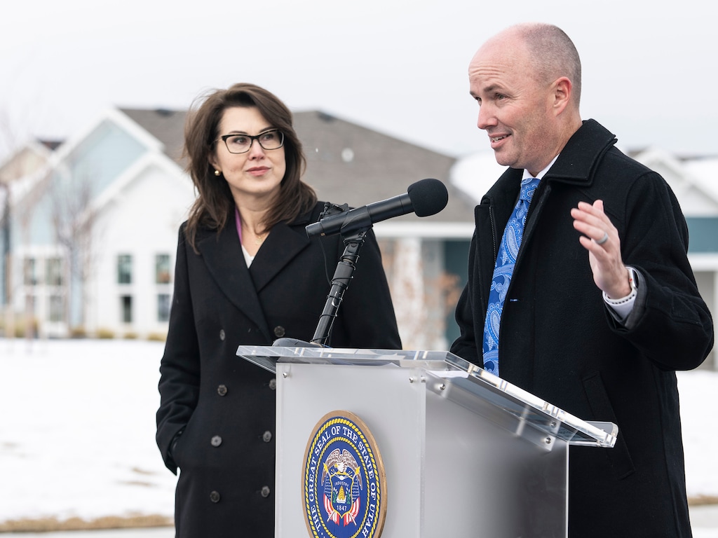 (Leah Hogsten | The Salt Lake Tribune) From left, Lt. Gov. Deidre Henderson and Gov. Spencer J. Cox announced their fiscal year 2024 budget recommendations on Dec. 9, 2022 at a news conference in South Jordan. The proposed budget will include $1 billion in tax cuts, a $6,000 compensation increase for every teacher in the state and funding for homeless services and affordable housing.