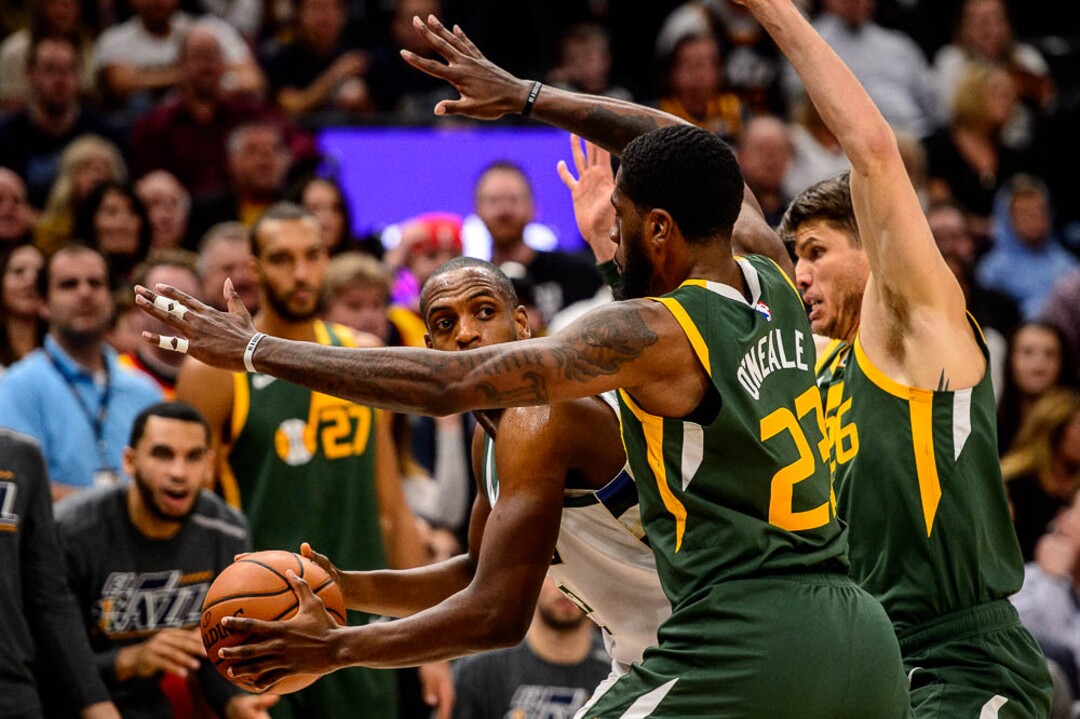 (Trent Nelson | The Salt Lake Tribune)  Utah Jazz forward Royce O'Neale (23) defending Milwaukee Bucks forward Khris Middleton (22) as the Utah Jazz host the Milwaukee Bucks, NBA basketball in Salt Lake City on Saturday March 2, 2019.