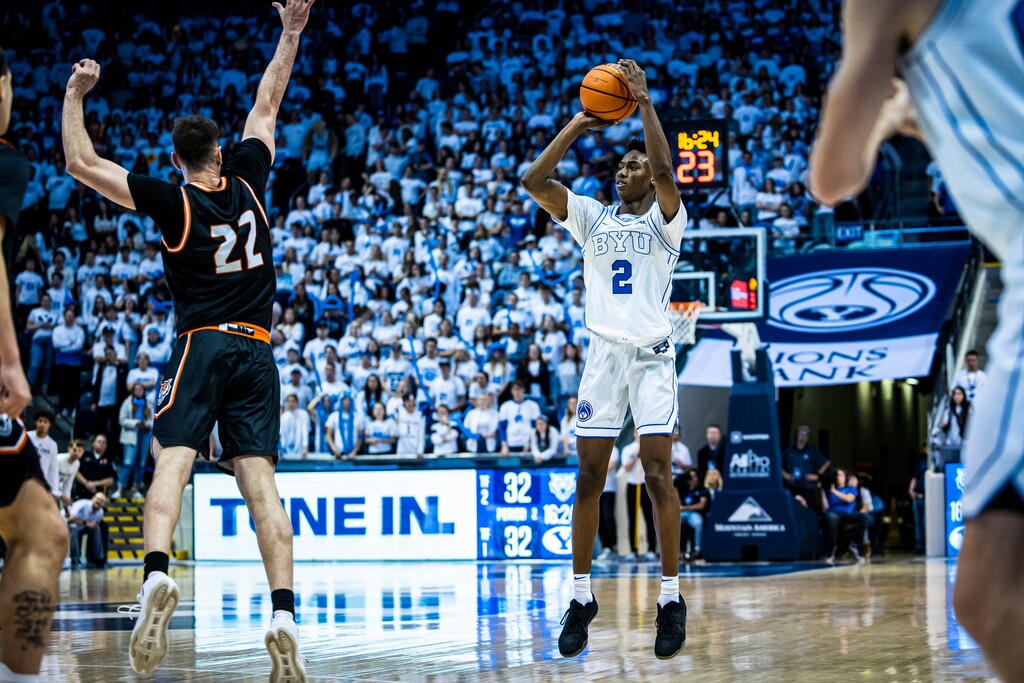 (Nate Edwards | BYU) BYU guard Jaxson Robinson takes a jump shot during the 60-56 win over Idaho State on Monday, Nov. 7, 2022, at the Marriott Center in Provo.