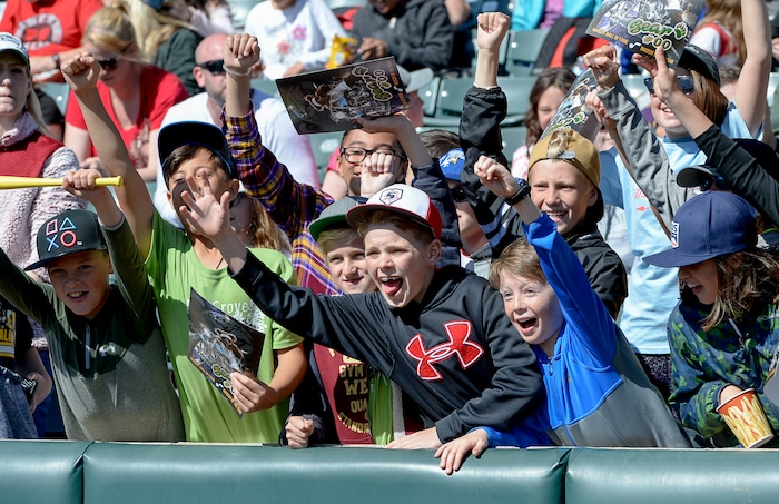 (Francisco Kjolseth  |  The Salt Lake Tribune)  Kids cheer some of their favorite mascots gathered at Smith's Ballpark on Thursday, May 2, 2019 for the staging of their annual kids day baseball game.