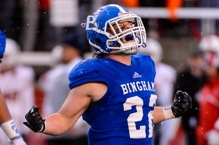 (Trent Nelson | The Salt Lake Tribune)  Bingham's Saleka Ataata (22) celebrates a sack as Bingham defeats East in the Class 6A High School State Football Championship game in Salt Lake City, Friday November 17, 2017.