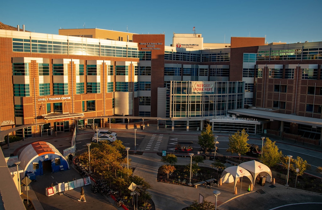(Francisco Kjolseth  |  The Salt Lake Tribune) The sun sets on the University of Utah Hospital on Friday, Oct. 16, 2020.
