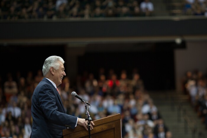 (Courtesy The Church of Jesus Christ of Latter-day Saints)  Dieter F. Uchtdorf addresses 6,000 mormons during a celebration for the Meridian Temple on Saturday.