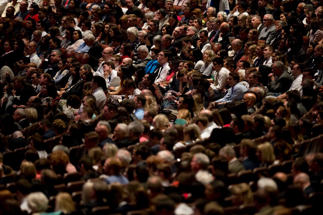 (Jeremy Harmon  |  The Salt Lake Tribune)  Attendees listen during the Sunday morning session of General Conference on April 1, 2018.