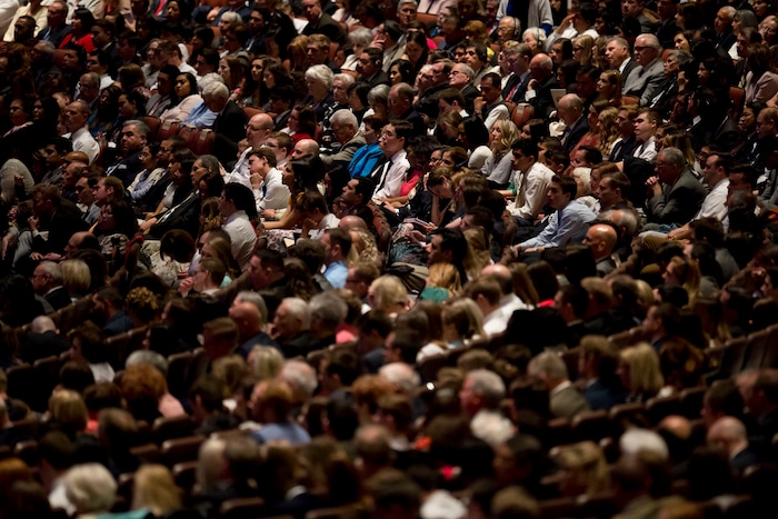 (Jeremy Harmon  |  The Salt Lake Tribune)  Attendees listen during the Sunday morning session of General Conference on April 1, 2018.