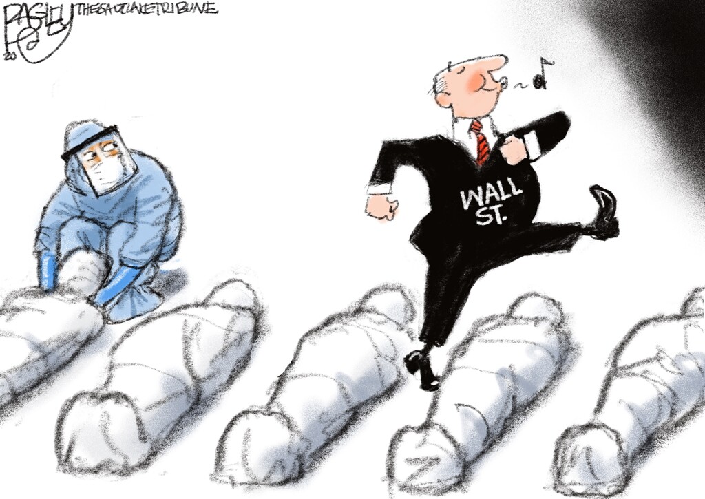(Pat Bagley | The Salt Lake Tribune) This cartoon, titled "Wall Street Bubble," appears in The Salt Lake Tribune on Wednesday, May 6, 2020.