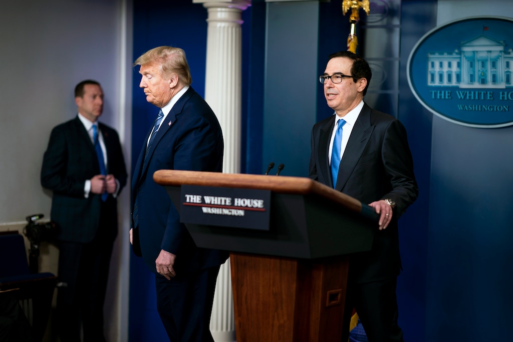 (Doug Mills | The New York Times) President Donald Trump and Treasury Secretary Steve Mnuchin at the daily coronavirus news briefing at the White House on April 21, 2020. The Paycheck Protection Program is a centerpiece of the government’s $2 trillion economic relief package.