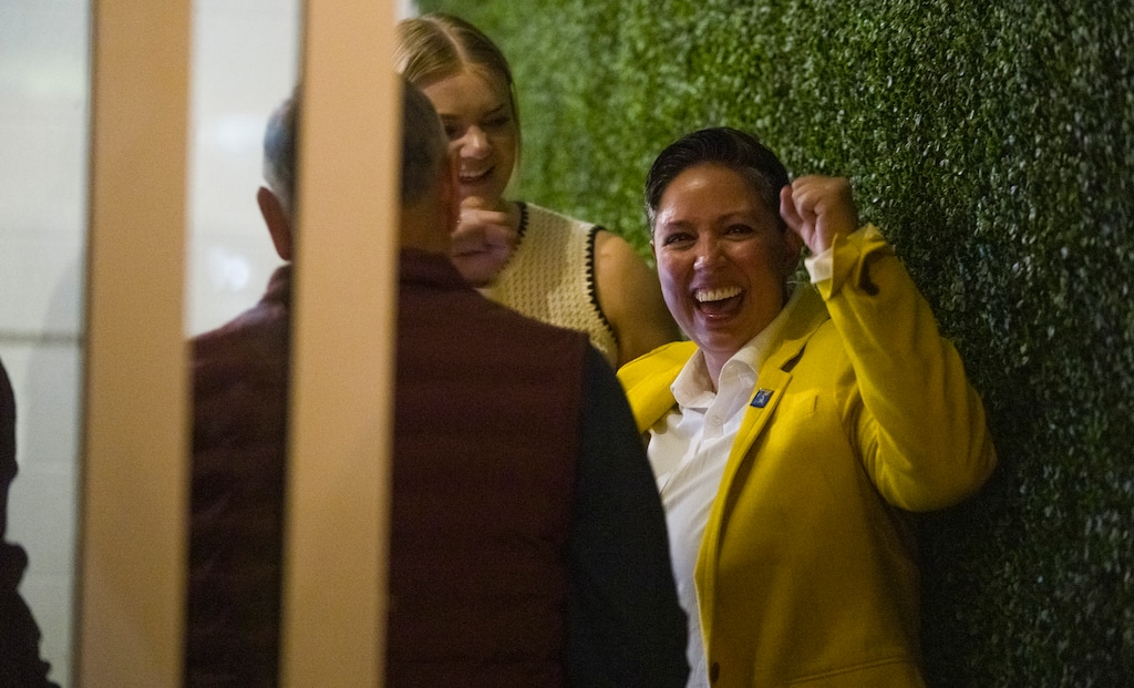 (Bethany Baker | The Salt Lake Tribune) Salt Lake City Council District 5 candidate Erika Carlsen reacts to the election results during an election watch party at Publik Coffee Roasters in Salt Lake City on Tuesday, Nov. 4, 2025. With Carlsen's win, the Salt Lake City Council will be majority female for the first time in at least four decades.