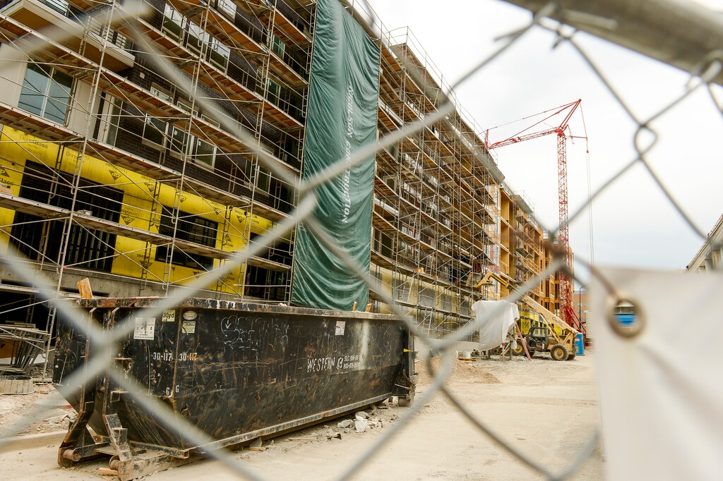 (Leah Hogsten  |  The Salt Lake Tribune) High occupancy housing under construction at 3rd West and North Temple, July 18, 2018. Utah leads the nation in job growth by percentage over the last 12 months in construction, which saw a 6.2 increase in the number of jobs.
