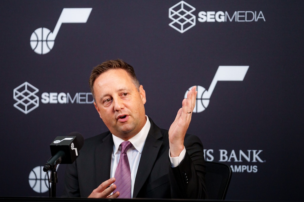 (Trent Nelson  |  The Salt Lake Tribune) Austin Ainge is introduced as the new president of basketball operations for the Utah Jazz at a news conference in Salt Lake City on Monday, June 2, 2025.