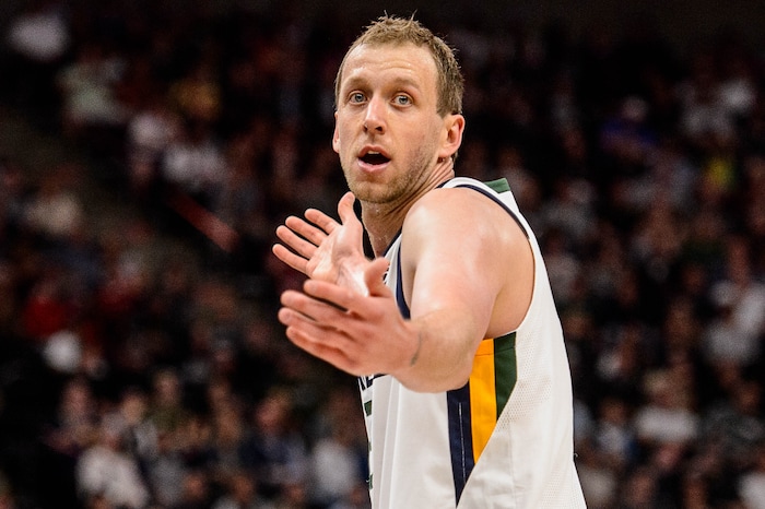 (Trent Nelson | The Salt Lake Tribune)  Utah Jazz forward Joe Ingles (2) protests a call as the Utah Jazz host the Denver Nuggets, NBA basketball in Salt Lake City, Wednesday October 18, 2017.