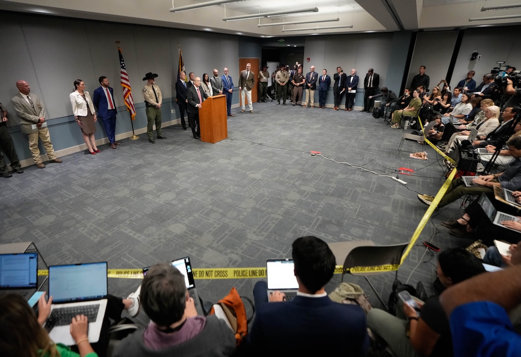 (Francisco Kjolseth | The Salt Lake Tribune) Utah County Attorney Jeff Gray announces charges against Tyler James Robinson, the alleged shooter of Charlie Kirk, at the Utah County Health and Justice building in Provo on Tuesday, Sept. 16, 2025.