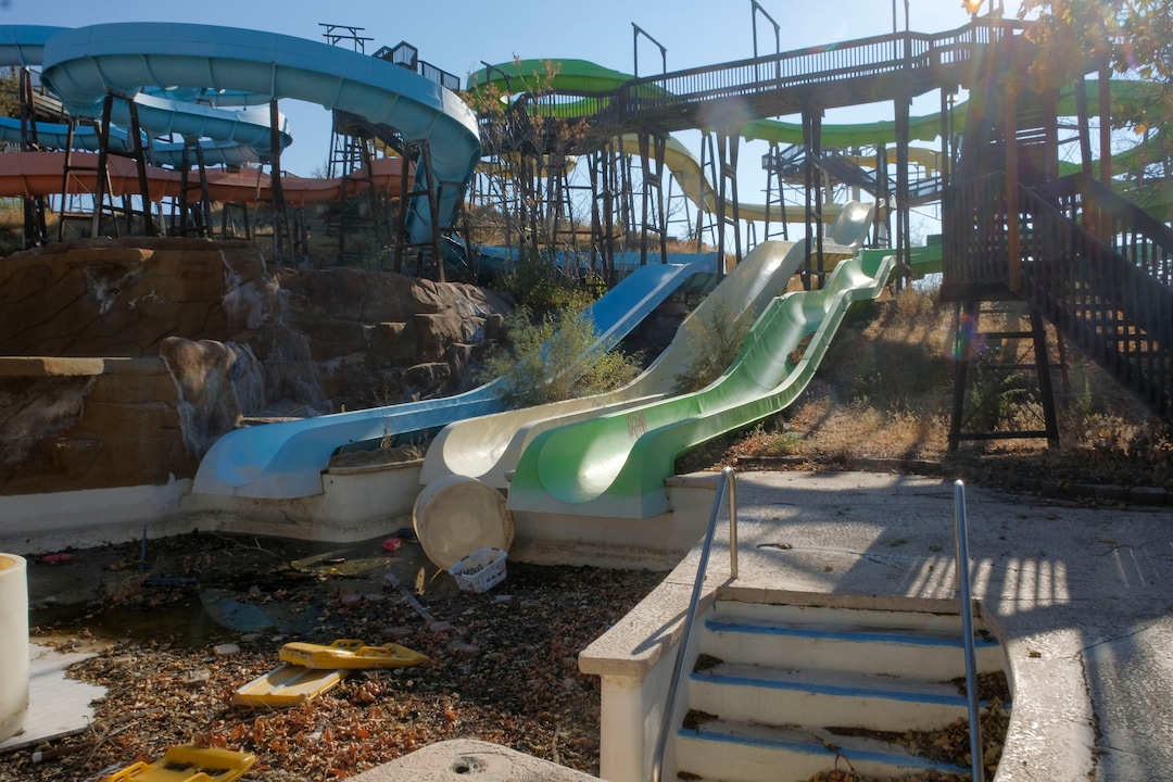 (Leah Hogsten  |  The Salt Lake Tribune) Oct. 29, 2020. In the 1980's Raging Waters water park was home to the world's third wave pool. Today the property is in such disrepair that Salt Lake City needs to disassemble it and figure out some kind of new park to replace it. Closed since 2018,vandalism and operator abandonment has left the park a liability for the city.
