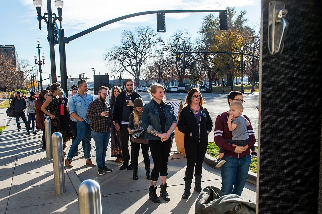 (Chris Detrick  |  The Salt Lake Tribune)  Participants wait to have their portrait made from the photo truck during the Inside Out/Dreamers Project at the Salt Lake City Public Library Tuesday, November 21, 2017.  The Inside Out Project is a global participatory art project that gives everyone the opportunity to share their portrait and express what they stand for. In Utah, the future of more than 10,500 DACA recipients is being threatened by President Trump's decision to end the popular and successful DACA program.