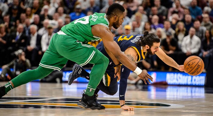 (Trent Nelson | The Salt Lake Tribune)  
Utah Jazz vs. Boston Celtics, NBA basketball in Salt Lake City, Wednesday March 28, 2018. Utah Jazz guard Ricky Rubio (3) chases down a loose ball.