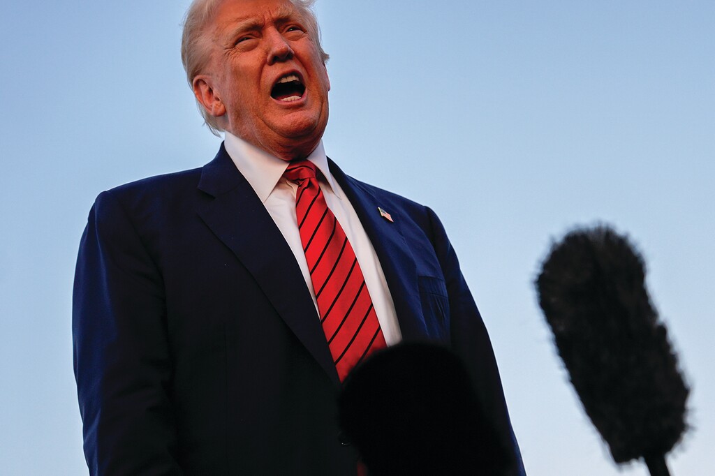 President Donald Trump speaks with reporters before boarding Air Force One at Lehigh Valley International Airport, Sunday, Aug. 3, 2025, in Allentown, Pa. (AP Photo/Julia Demaree Nikhinson)