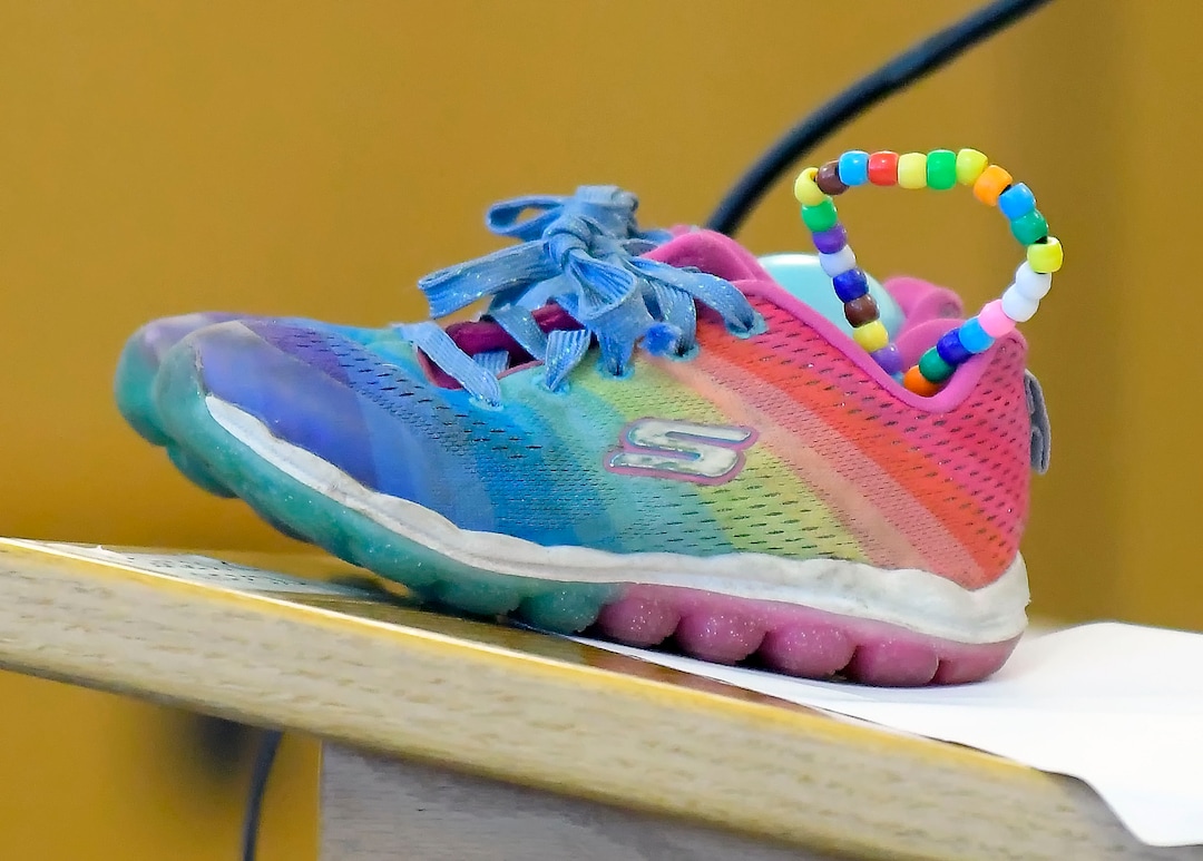 (Eli Lucero  |  Herald Journal) Lizzy Shelley's shoes sit on a podium during Alex Whipple's   sentencing hearing in 1st District Court on Tuesday in Logan. Whipple was sentenced to life without the possibility of parole for murdering his niece Shelley. 