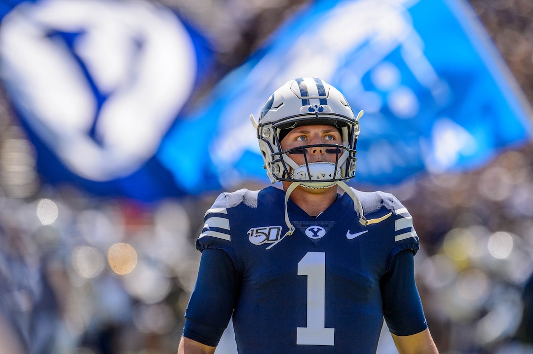 (Trent Nelson  |  The Salt Lake Tribune)  Brigham Young Cougars quarterback Zach Wilson (1) as BYU hosts USC, NCAA football in Provo on Saturday Sept. 14, 2019.