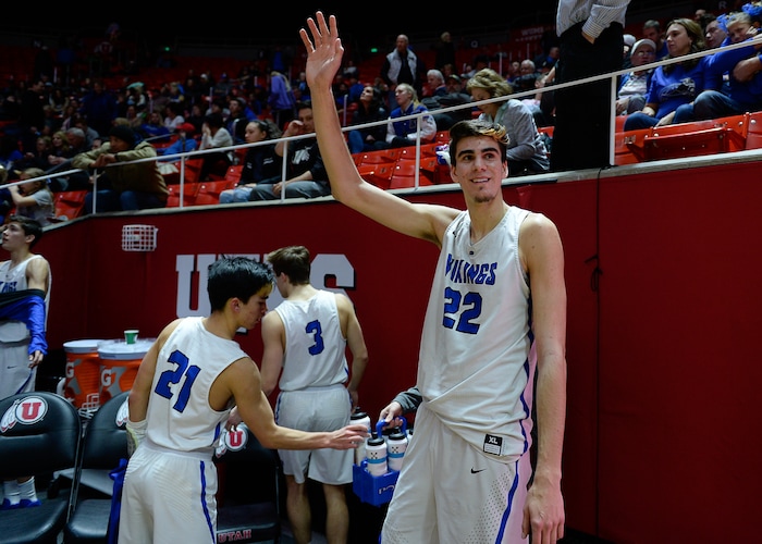 (Francisco Kjolseth  |  The Salt Lake Tribune)  Weber vs Pleasant Grove, 6A State high school basketball tournament at the Huntsman Center in Salt Lake City, Thursday March 1, 2018. Matthew Van Komen (22) waves to the crowd following their win over Weber. 