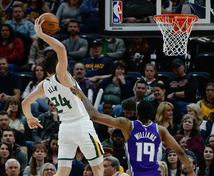 (Francisco Kjolseth  |  The Salt Lake Tribune)  Utah Jazz guard Grayson Allen (24) goes big over Sacramento Kings forward Troy Williams (19) but comes up short as he misses the basket as the Utah Jazz host the Sacramento Kings in their NBA game at Vivint Smart Home Arena Friday, April 5, 2019, in Salt Lake City.