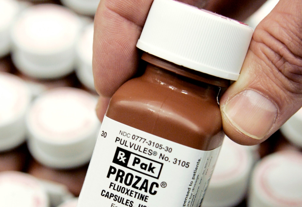 FILE - In this Jan. 11, 2008 file photo, a bottle of Eli Lilly & Co.'s Prozac is pictured at a company facility in Plainfield, Ind.  (AP Photo/Darron Cummings, File)