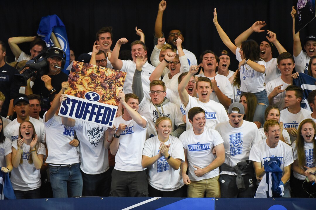 (Francisco Kjolseth  |  The Salt Lake Tribune)  The BYU student section goes wild over a hard fought point against Florida during their NCAA Tournament Round of 16 match at Smith Fieldhouse, Friday, Dec. 7, 2018.