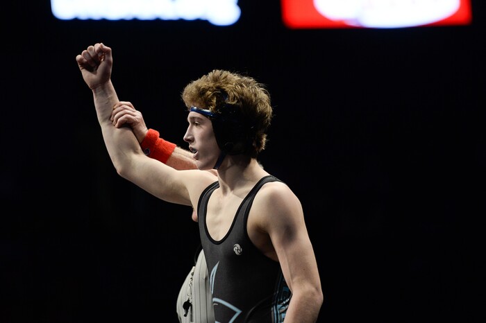 (Francisco Kjolseth  |  The Salt Lake Tribune)  Terrell Barraclough of Layton celebrates his Class 6A 126 weigh class win in the state wrestling championship match at the Utah Valley University UCCU Center on Thursday, Feb. 8, 2018.