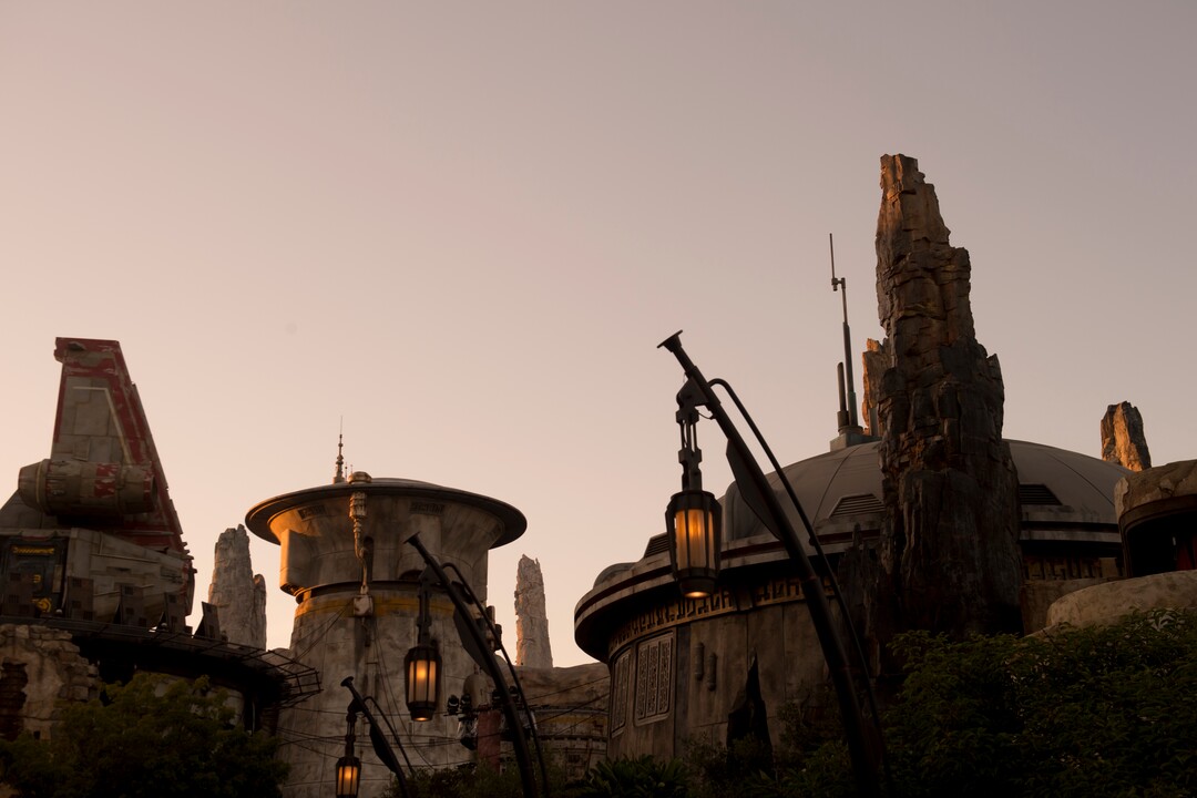(Jeremy Harmon  |  The Salt Lake Tribune) The last light of the day catches the spires and buildings at Star Wars: Galaxy's Edge in Anaheim, Ca. on Wednesday, May 29, 2019.