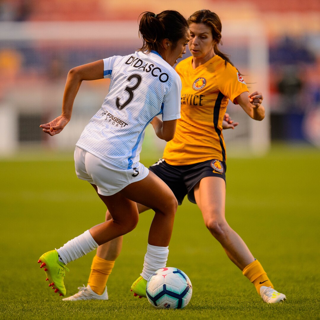 (Trent Nelson  |  The Salt Lake Tribune)  Sky Blue FC defender Caprice Dydasco (3) and Utah Royals FC forward Erika Tymrak (15) as Utah Royals FC hosts Sky Blue FC at Rio Tinto Stadium in Sandy on Saturday June 15, 2019.