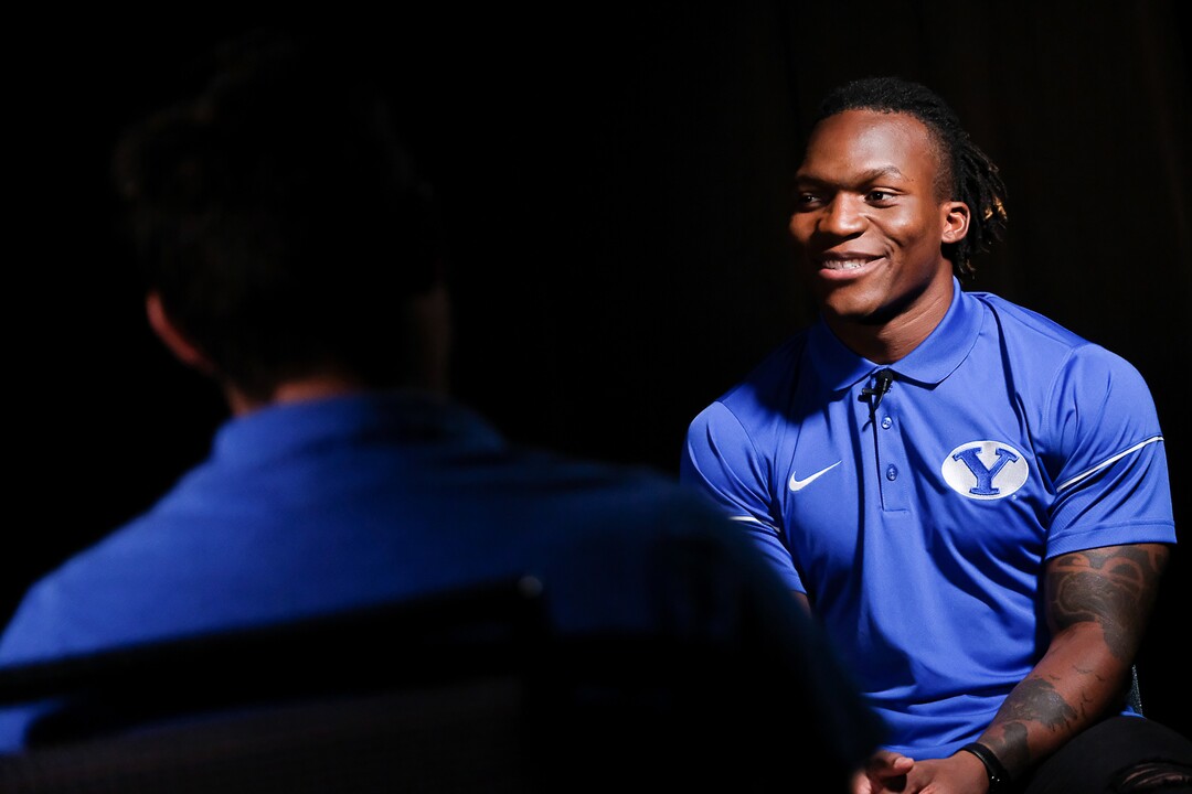 (Francisco Kjolseth  |  The Salt Lake Tribune)  Defensive back Dayan Ghanwoloku runs through a number of interviews during BYU football media day at the BYU Broadcasting Building in Provo on Tuesday, June 18, 2019.
