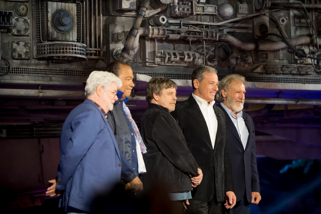 (Jeremy Harmon  |  The Salt Lake Tribune) George Lucas, Billy dee Williams, mark Hamill, Disney CEO Bob Iger and Harrison Ford participate in the dedication ceremony for Star Wars: Galaxy's Edge in Anaheim, Ca. on Wednesday, May 29, 2019.
