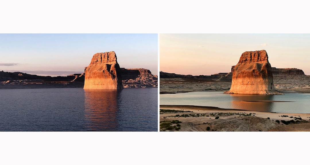 (Rick Egan | The Salt Lake Tribune)  Lone Rock at Powell, on Sunday, September 6, 2020 and Tuesday, Aug. 3, 2021.