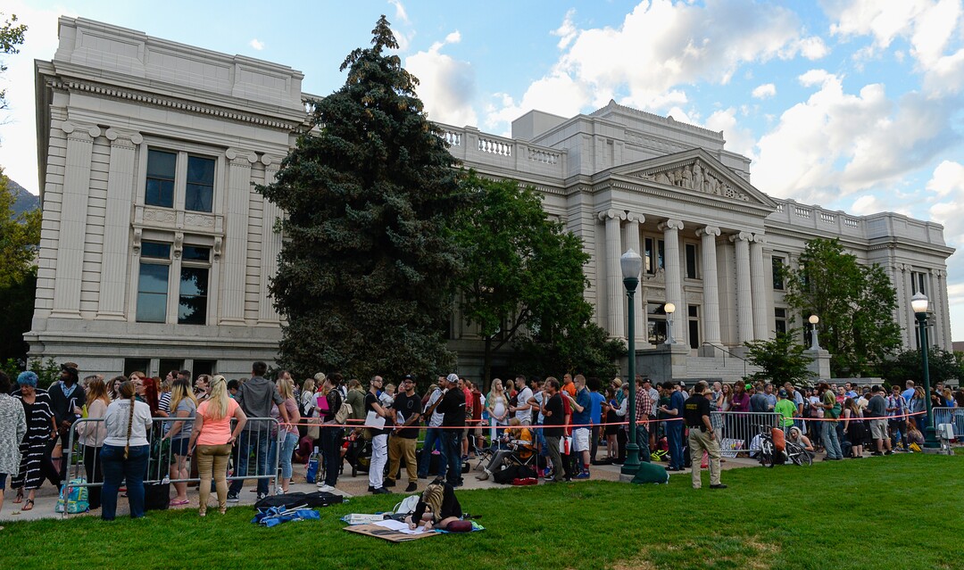 (Francisco Kjolseth  |  The Salt Lake Tribune)  "American Idol" hopefuls line up to audition in downtown Provo on Wednesday morning, Aug. 23, 2017, for the revived show, which is moving to ABC and will air in early 2018.