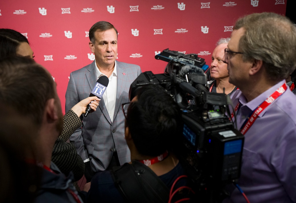 (Bethany Baker | The Salt Lake Tribune) University of Utah athletic director Mark Harlan answers questions during a news conference to introduce head football coach Morgan Scalley at the University of Utah in Salt Lake City on Tuesday, Jan. 6, 2026.