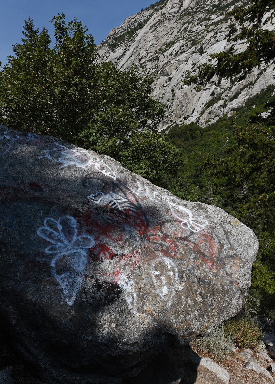 (Francisco Kjolseth  |  The Salt Lake Tribune)  Graffiti has proliferated in lower Little Cottonwood Canyon, where vandals, often wielding cans of fluorescent-colored spray paint, have covered granite faces, trees and structures. The vandalism is particularly apparent along the Temple Quarry Trail and the creek at the Moon Rock swimming hole and former pavilion site. Volunteers using donated equipment and solvents spend thousands of hours removing the paint from the rocks only to see graffiti return to the same faces or on rock nearby.