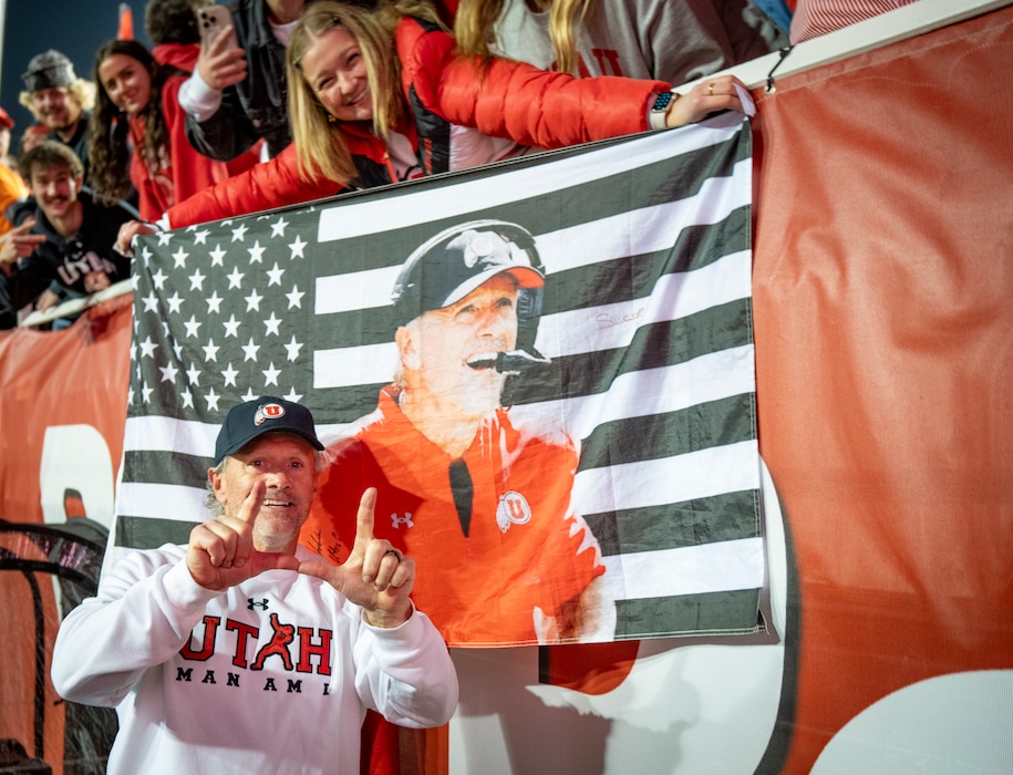 (Rick Egan | The Salt Lake Tribune)  Utah head coach Kyle Whittingham celebrates the Utes' win over the Kansas State Wildcats on Saturday.