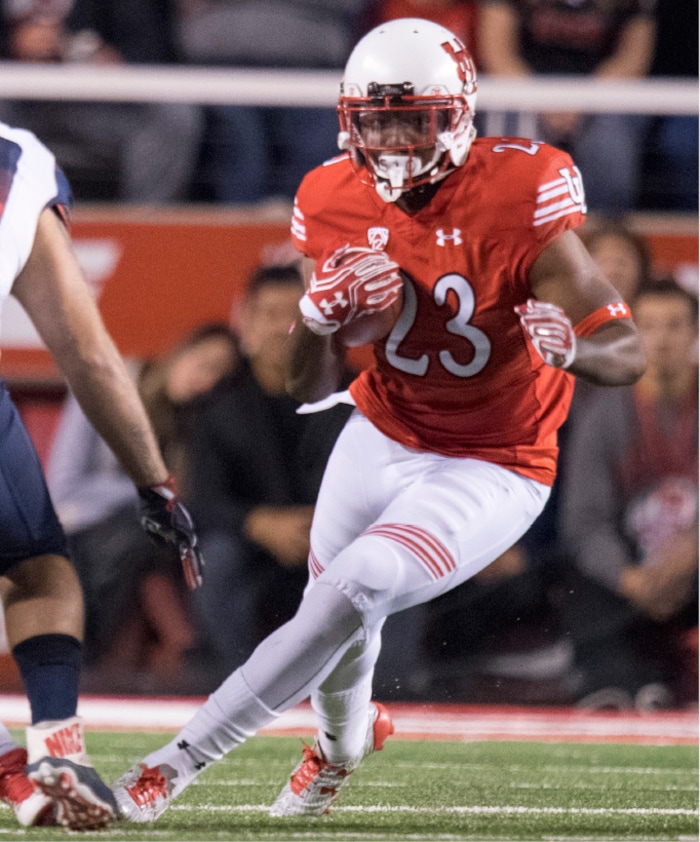 Rick Egan  |  The Salt Lake Tribune

Utah Utes running back Armand Shyne (23) runs the ball for the Utes, in PAC-12 football action, Utah vs. The Arizona Wildcats, at Rice-Eccles Stadium, Saturday, October 8, 2016.