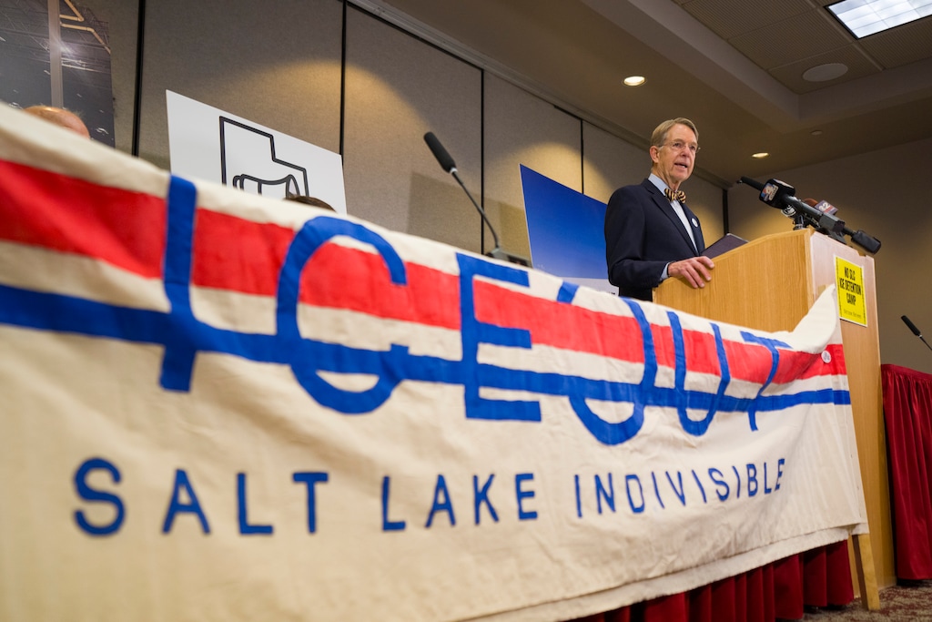 (Bethany Baker  |  The Salt Lake Tribune) Attorney Jim McConkie speaks as Uproar Utah announces plans to sue ICE and DHS over the agencies' plan to create a detention center in Salt Lake City on Tuesday, June 9, 2026.