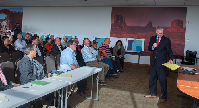 (Leah Hogsten  |  The Salt Lake Tribune) U.S. District Judge Robert Shelby gives details about how the redistricting process was determined to San Juan County residents attending a public hearing in Monticello. The new boundaries would ensure significant American Indian majorities in two of three County Commission districts and on four of five school board voting districts as the result of a January 2012 lawsuit filed in U.S. District Court by the Navajo Nation. The lawsuit seeks the redrawing of voting districts to reflect the 2010 U.S. Census. Last year, Shelby ruled the voting districts in the large southeastern Utah county, home to 16,895 residents, are unconstitutional and violate the rights of American Indians. Shelby intends to accept new voting districts by December 15. 