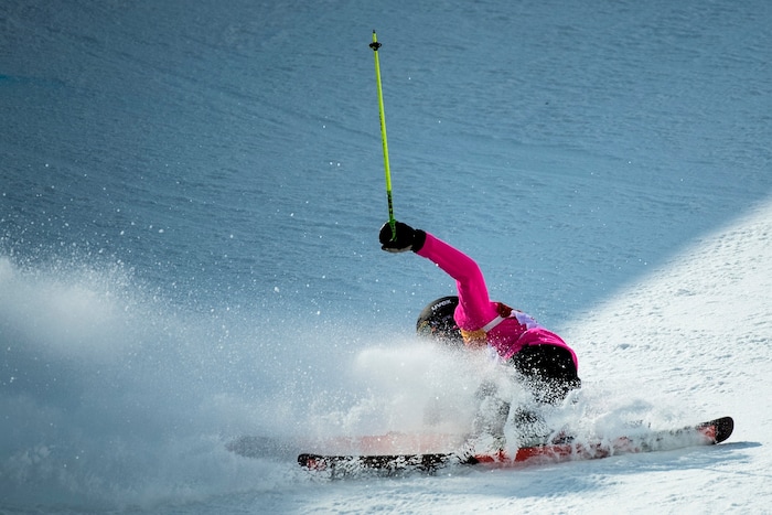 (Chris Detrick  |  The Salt Lake Tribune)  Sabrina Cakmakli of Germany crashes while competing in the Ladies' Ski Halfpipe Final Run at Phoenix Park during the Pyeongchang 2018 Winter Olympics Tuesday, Feb. 20, 2018. 
