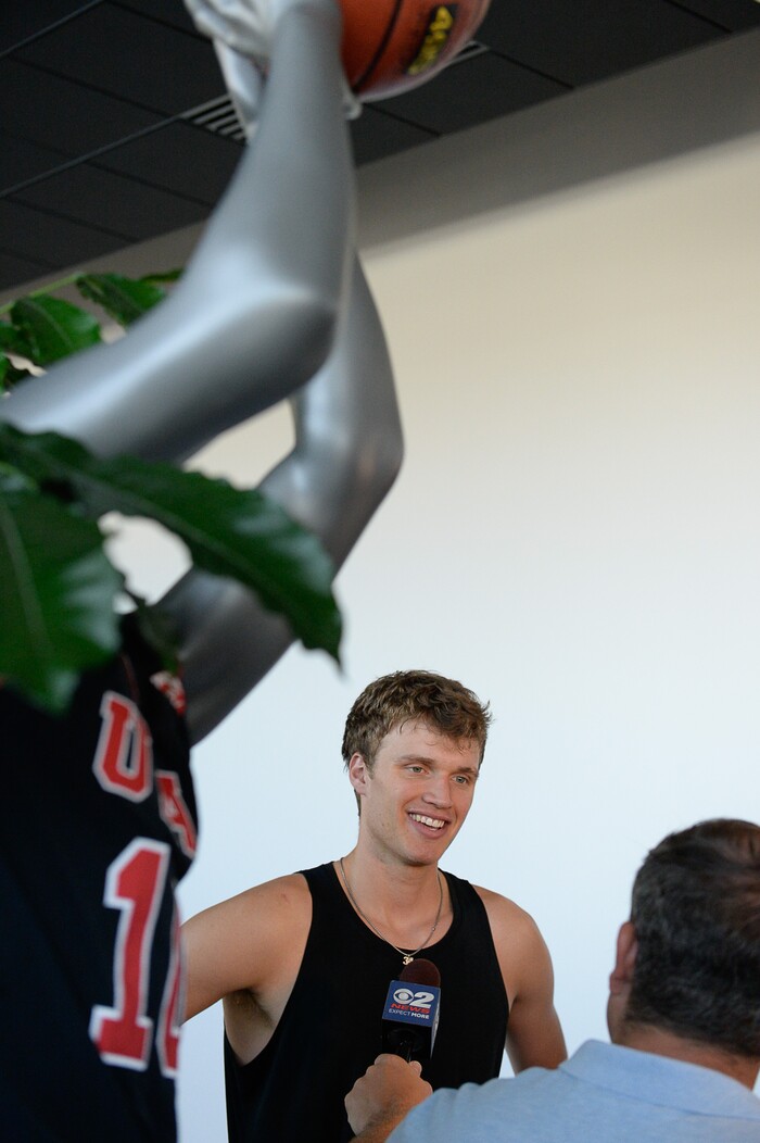 (Francisco Kjolseth  |  The Salt Lake Tribune)  Utah junior Jayce Johnson speaks with the press during media day at the Ute basketball practice facility on Wed. Sept. 26, 2018.