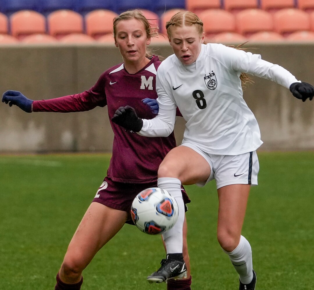 (Leah Hogsten | The Salt Lake Tribune)  Ogden's Tori Kalista beats Morgan's Kiersten Barney to the ball. Ogden High School defeated Morgan High School, 1-0, to win the 3A State Soccer Championship game Oct. 23, 2021 at Rio Tinto Stadium.