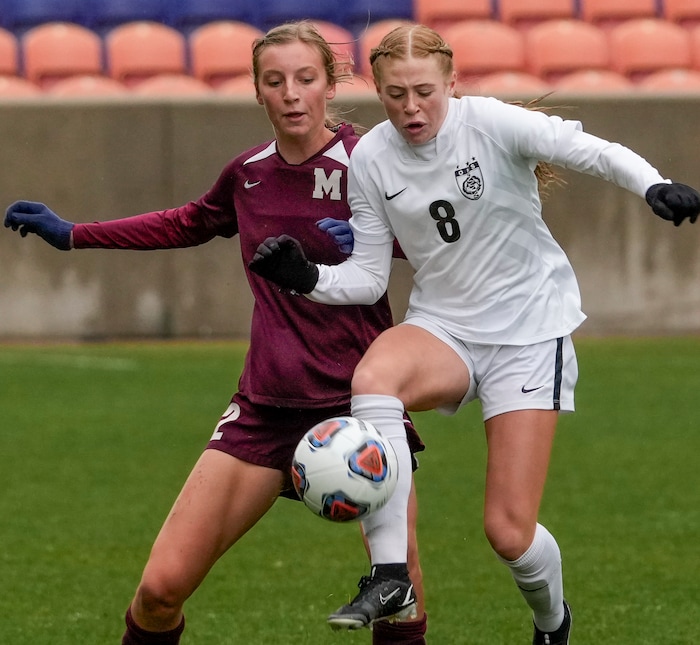 (Leah Hogsten | The Salt Lake Tribune)  Ogden's Tori Kalista beats Morgan's Kiersten Barney to the ball. Ogden High School defeated Morgan High School, 1-0, to win the 3A State Soccer Championship game Oct. 23, 2021 at Rio Tinto Stadium.