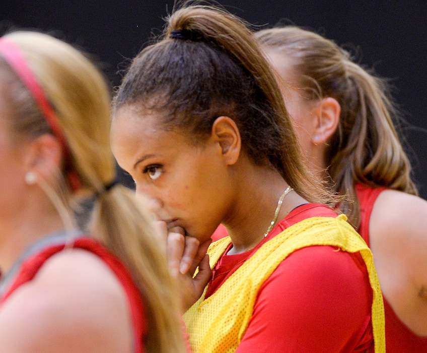 (Leah Hogsten | The Salt Lake Tribune) University of Utah senior wing Daneesha Provo practices with the team Sept. 26, 2019 at the Huntsman Basketball Facility.
