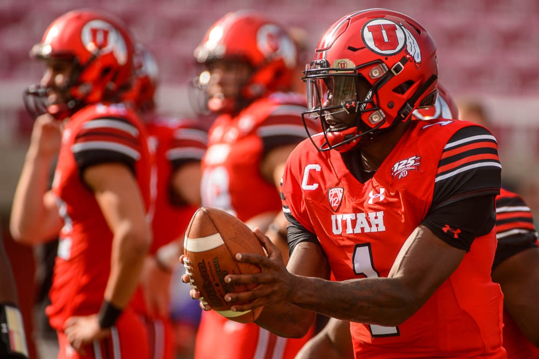 (Trent Nelson | The Salt Lake Tribune)  Utah Utes quarterback Tyler Huntley (1) warms up as the University of Utah Utes host the Weber State Wildcats, Thursday Aug. 30, 2018 at Rice-Eccles Stadium in Salt Lake City.